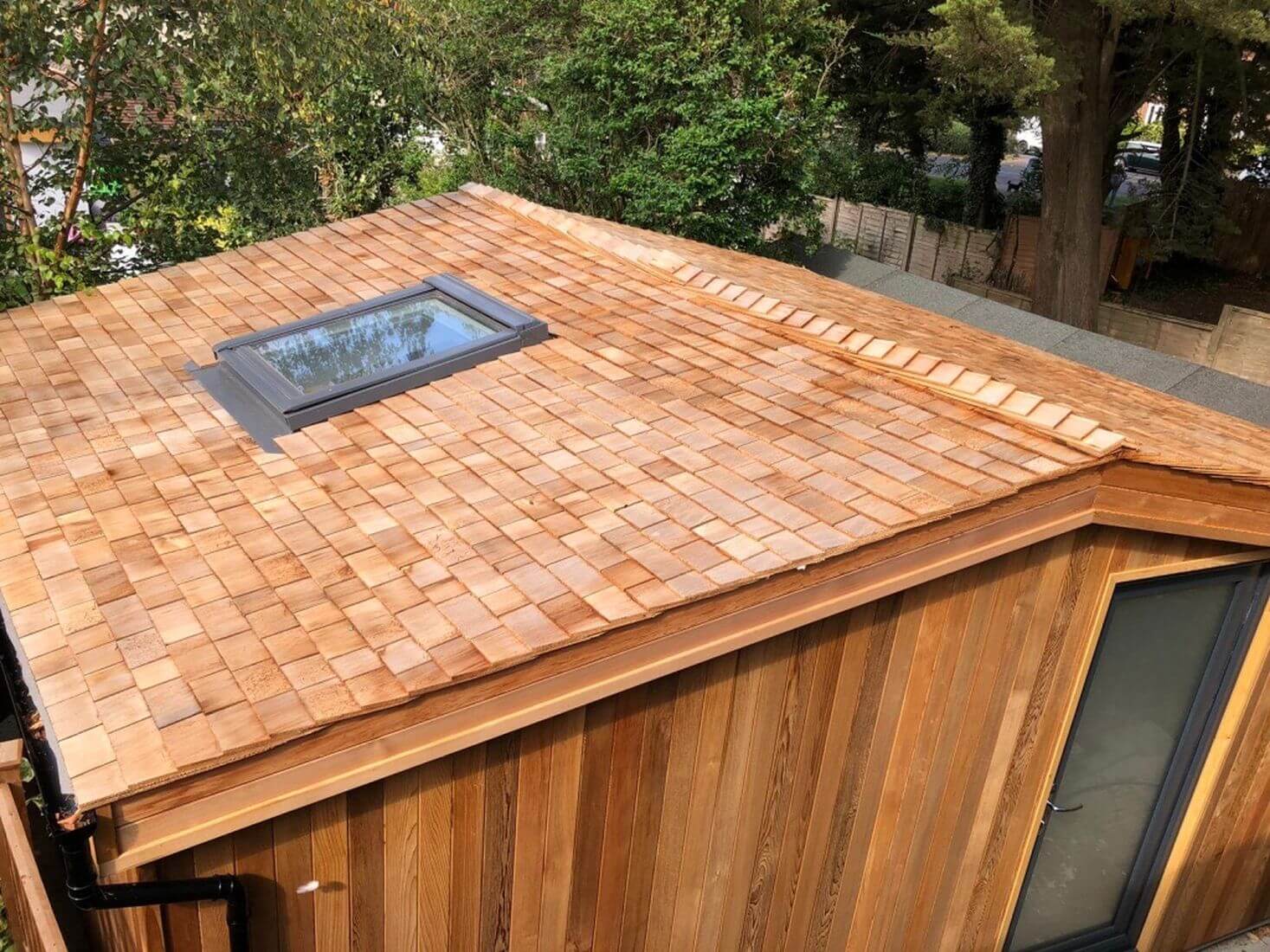 Wooden garden office with Velux roof window