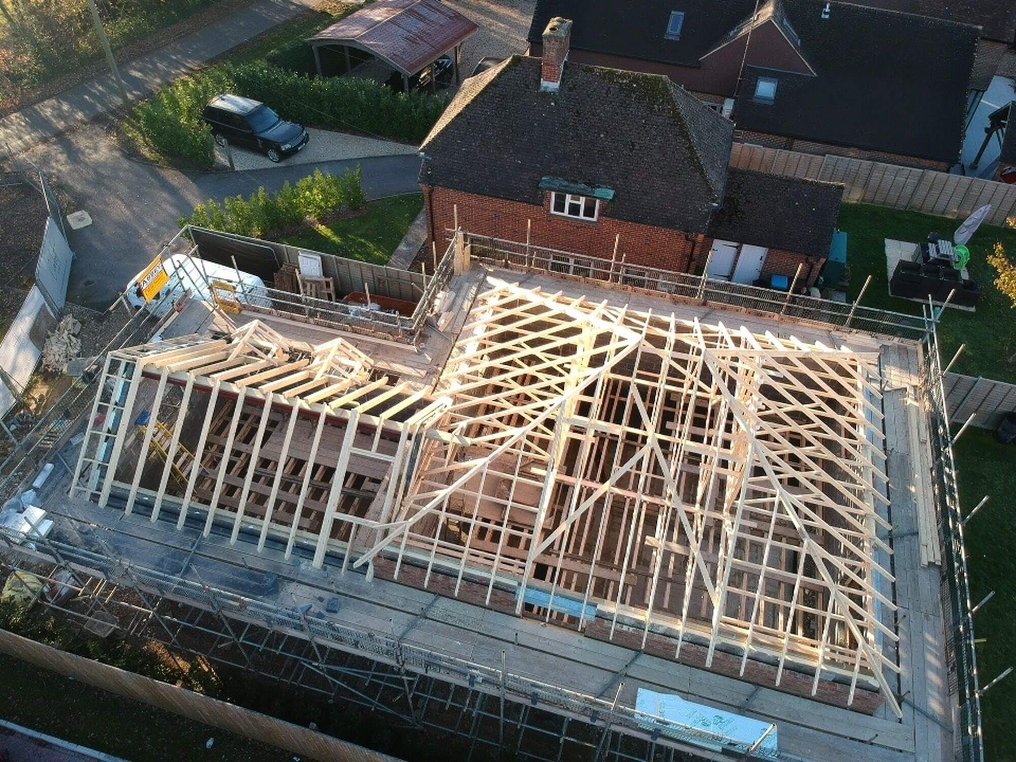 Aerial view of rook rafters after installation on Walberton house build