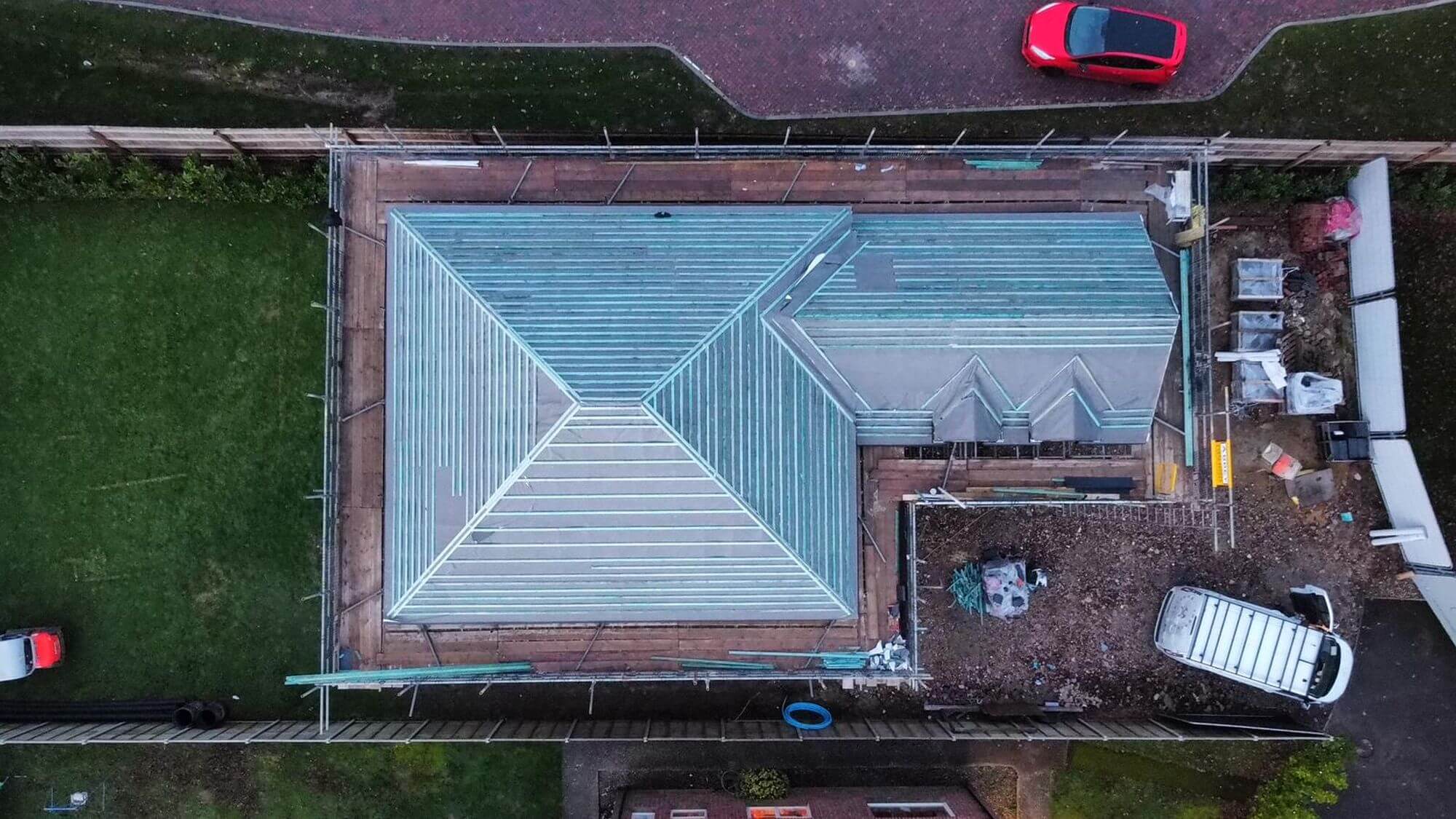 Aeriel view of roof installation on Walberton property development project